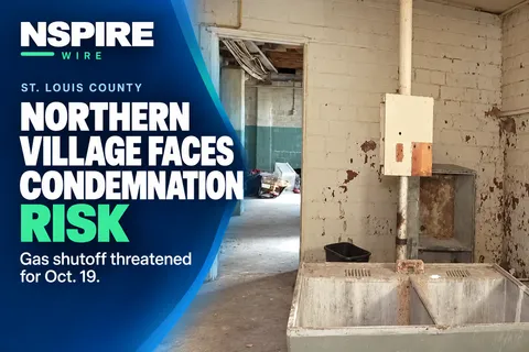 Interior with peeling paint and utility sinks beside the headline “Northern Village faces condemnation risk.”