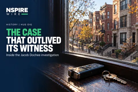 Voice recorder and house keys on a windowsill overlooking Chicago-style rowhouses, beside the headline "The case that outlived its witness."