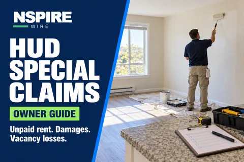 Illustrative hero graphic: a navy left panel carries the white words HUD Special Claims, a green Owner Guide accent, and the lines Unpaid rent, Damages, and Vacancy losses beside a generated illustration of a worker repainting a vacated apartment with a checklist clipboard on the counter, with the NSPIRE Wire mark in the top corner.