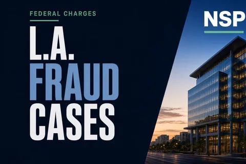 Graphic with the headline “L.A. Fraud Cases” and a “Federal Charges” label beside a dusk photo of a glass office building, with the NSPIRE Wire logo in the top right.