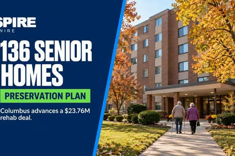 Older residents approach a brick apartment building beside "136 Senior Homes," a green "Preservation Plan" chip, and NSPIRE Wire branding.