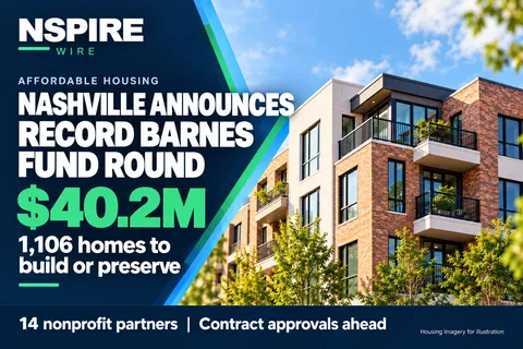 NSPIRE Wire graphic highlighting Nashville’s announced $40.2 million Barnes Fund round to build or preserve 1,106 affordable homes.