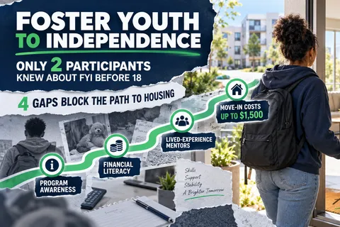 A young adult holding an apartment key follows a four-step path through program awareness, financial literacy, lived-experience mentorship and move-in costs toward stable housing.