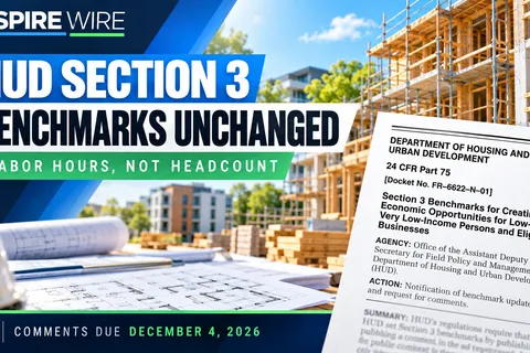 Section 3 benchmarks graphic with apartment construction and HUD notice.