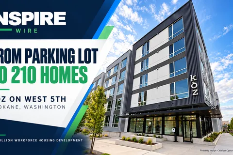 NSPIRE Wire graphic featuring Kōz on West 5th in Spokane beside the headline “From Parking Lot to 210 Homes.”