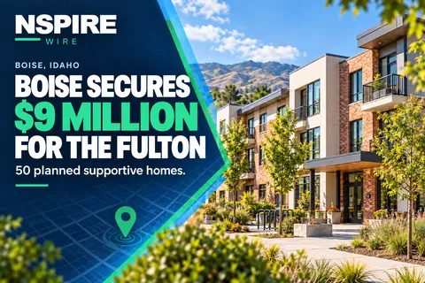 NSPIRE Wire graphic featuring apartment imagery and the headline “Boise Secures $9 Million for The Fulton,” highlighting 50 planned supportive homes.