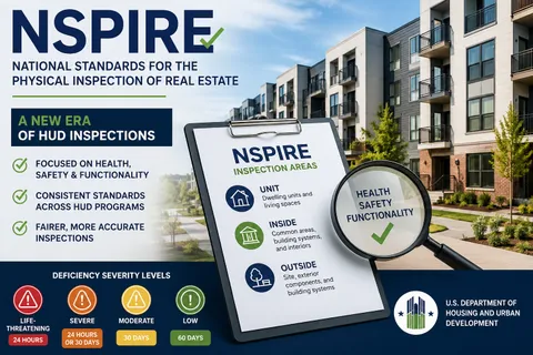 NSPIRE Wire infographic explaining the NSPIRE inspection standards replacing UPCS and HQS across major housing programs.