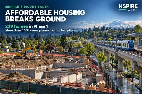 Construction foundations and an excavator beside elevated light rail, with NSPIRE Wire text highlighting Mount Baker's 239-home first phase.