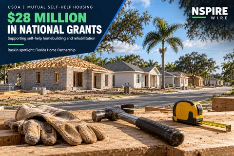 Work gloves, hammer and tape measure overlooking Florida homes under construction, with NSPIRE Wire text highlighting $28 million in national self-help housing grants.