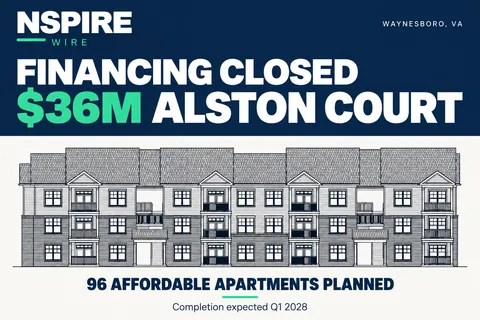Alston Court building elevation with a headline announcing financing closed for the $36 million, 96-apartment development.