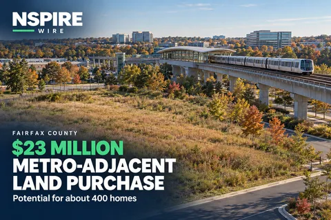 Undeveloped land beside an elevated passenger train and station, with NSPIRE Wire’s headline announcing a $23 million Metro-adjacent land purchase.