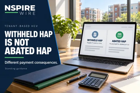 Laptop displaying conceptual withheld and abated HAP categories beside folders and a calculator, with the headline Withheld HAP Is Not Abated HAP.