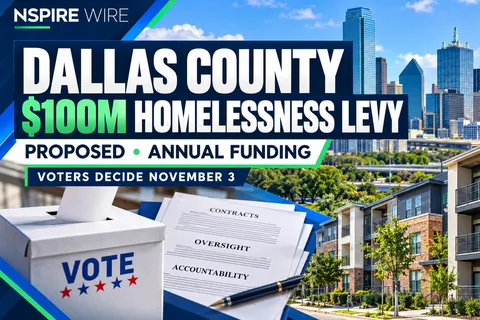 Dallas skyline, apartment buildings and a ballot box beneath a headline about the county’s proposed $100 million annual homelessness levy.