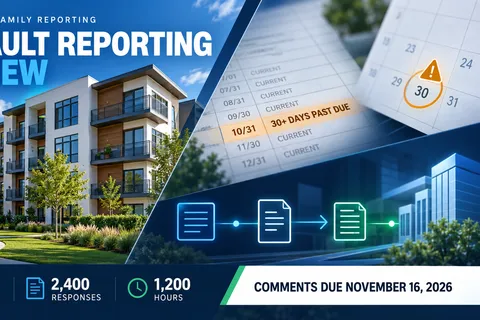 A multifamily apartment property appears beside a mortgage ledger, a calendar marking the 30-day delinquency threshold and an electronic reporting sequence.
