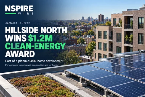 Rooftop solar panels and green-roof plantings overlooking an urban neighborhood, beside the headline “Hillside North wins $1.2M clean-energy award.”