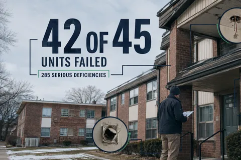 An inspector stands outside a public-housing development as editorial cutaways highlight exposed electrical wiring, an uncovered outlet and damaged ventilation, alongside the figures 42 of 45 units failed and 285 serious deficiencies.