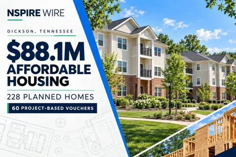 Conceptual collage of apartments and construction framing, labeled $88.1 million, 228 planned homes and 60 project-based vouchers in Dickson, Tennessee.
