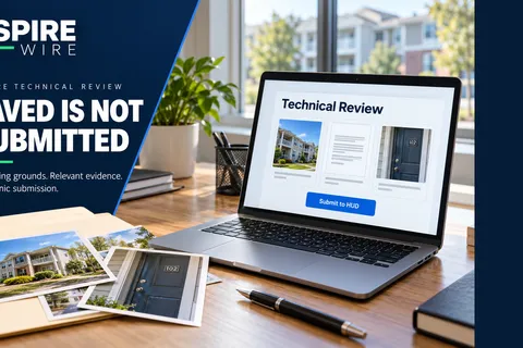 Laptop displaying a conceptual technical-review submission screen beside supporting property photographs, with the headline "Saved Is Not Submitted."