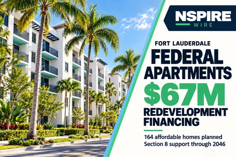 NSPIRE Wire graphic with palm-lined apartment imagery highlighting $67 million in redevelopment financing for Federal Apartments in Fort Lauderdale.