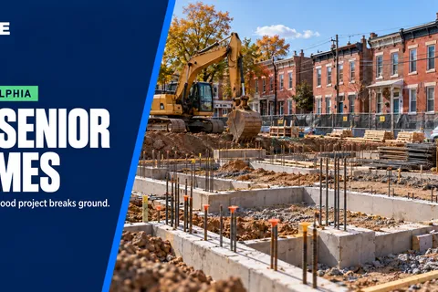 Navy banner reading 63 Senior Homes with a Philadelphia label and the line $27M Sharswood project breaks ground, beside a construction site with an excavator, concrete foundations and brick row homes. No people pictured.