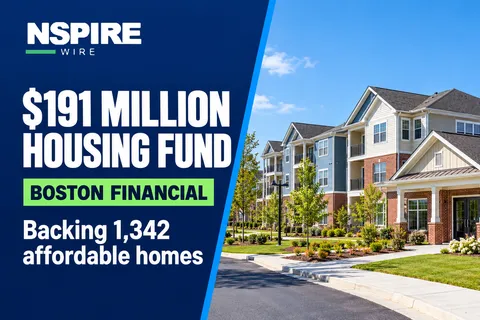 Newly built garden-style affordable apartment community with fresh landscaping under a blue sky