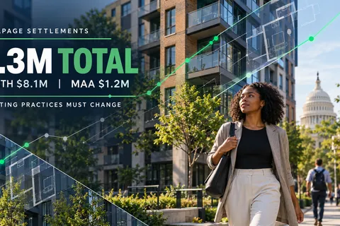 A renter walks past Washington, D.C., apartment buildings overlaid with pricing lines and figures showing a $9.3 million total settlement, including $8.1 million from JBG Smith and $1.2 million from Mid-America Apartments.