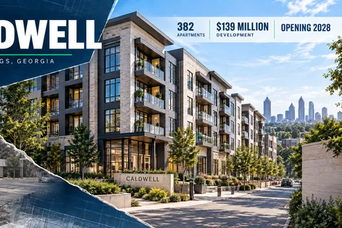 Editorial visualization of the planned five-story Caldwell apartment community in Sandy Springs, Georgia, with 382 apartments, a $139 million development cost and a 2028 opening.