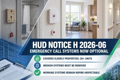 An empty senior apartment and corridor showing an older emergency pull-cord station beside a modern alert device, with text summarizing HUD Notice H 2026-06.