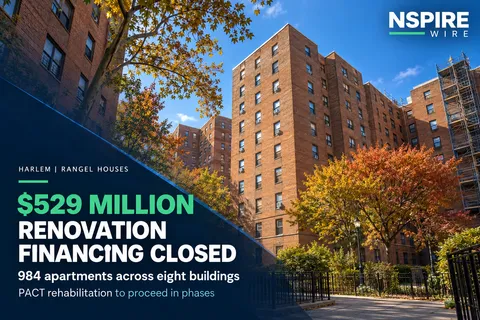 Brick apartment buildings framed by autumn trees, with NSPIRE Wire text highlighting the $529 million financing closing for 984 apartments at Rangel Houses.