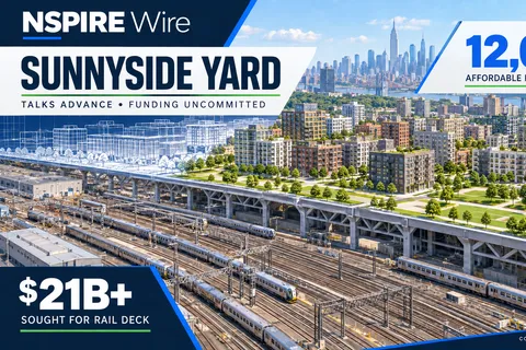 Conceptual apartments and parks rise above railway tracks, with labels for 12,000 proposed affordable homes and more than $21 billion sought for a rail deck.