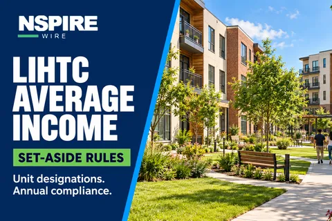 Illustrative hero graphic: a navy left panel carries the white words LIHTC Average Income, a green Set-Aside Rules accent, and the lines Unit designations and Annual compliance beside a generated illustration of a modern apartment community courtyard, with the NSPIRE Wire mark in the top corner.