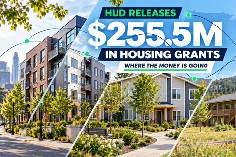 Affordable-housing developments in urban, suburban and rural communities are connected by navy and green funding lines beneath a $255.5 million figure.
