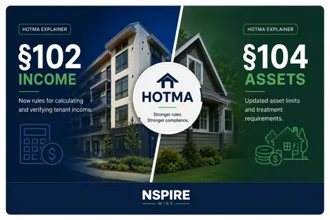 Split panel explaining HOTMA Sections 102 and 104. Section 102 covers income: new exclusions in force for PIH programs since July 1, 2025, revised definitions, and required de minimis error policies. Section 104 covers assets, with CY2026 values effective January 1, 2026: net family assets limit $105,574, self-certification and imputed-return threshold $52,787, passbook savings rate 0.40 percent, adjusted annually by CPI-W under 24 CFR 5.618.