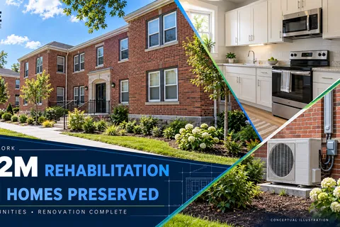 Illustration of renovated brick apartments, an updated kitchen and a heat pump, with text highlighting Troy’s $152 million rehabilitation and 341 preserved homes.