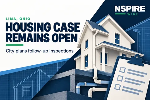 NSPIRE Wire graphic showing a stylized house, plumbing and inspection clipboard beside the headline “Housing Case Remains Open” in Lima, Ohio.