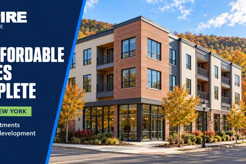 Newly completed modern brick affordable apartment building with ground-floor storefront in autumn