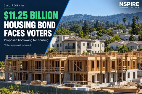 Apartment construction beside existing California homes, with NSPIRE Wire text highlighting a proposed $11.25 billion housing bond requiring voter approval.