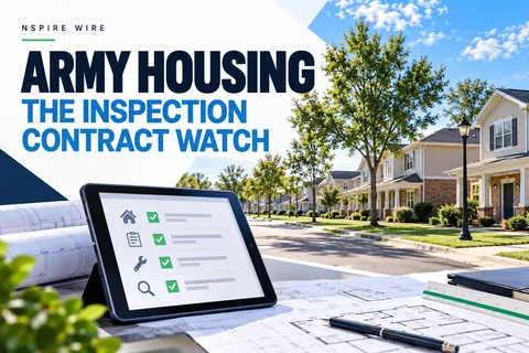 Illustration of family housing, an American flag and an inspection tablet beneath the headline Army Housing: The Inspection Contract Watch.