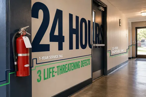 Fire extinguisher mounted inside a multifamily property corridor with layered graphics showing three life-threatening defects, a 24-hour correction period, a one-year service-tag requirement and a 12-year disposable-extinguisher limit.