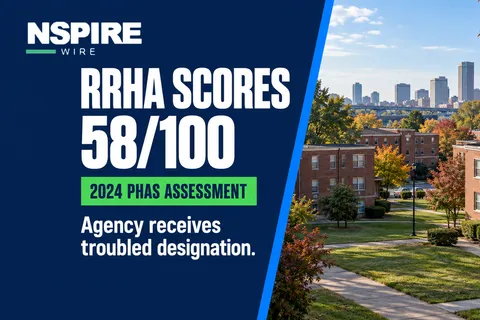 NSPIRE Wire branded hero: large white "RRHA SCORES 58/100" words on a navy left panel with a green "2024 PHAS ASSESSMENT" label and the subline "Agency receives troubled designation," beside a photo of brick public housing apartment buildings with lawns, trees, and a city skyline in the distance. NSPIRE Wire logo in the top left corner. Illustrative generated scene, not a photograph of a specific property.