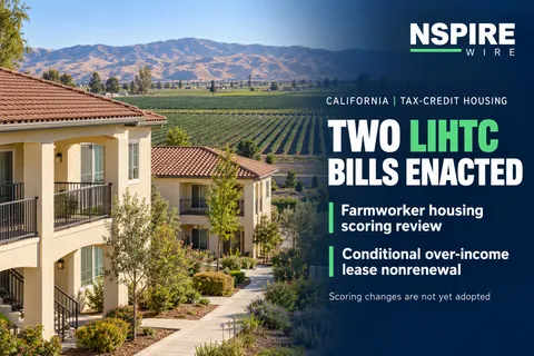 Apartments beside agricultural fields and California foothills, with the headline “Two LIHTC bills enacted.”