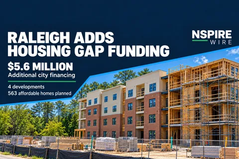Illustration of new affordable apartment buildings under construction in Raleigh, North Carolina, with city skyline and funding documents.