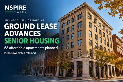 Historic-style downtown brick building beside the headline “Ground lease advances senior housing,” noting 68 planned affordable apartments and retained public ownership.