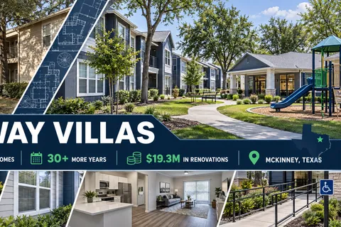 Skyway Villas apartments in McKinney shown before and after renovation, with graphics highlighting 232 affordable homes, 30 more years of affordability and $19.3 million in improvements.