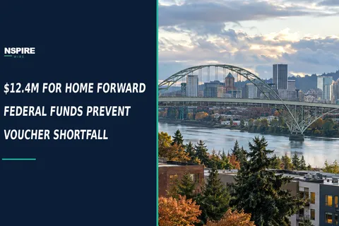 Illustrated banner: $12.4M for Home Forward prevents voucher shortfall; Portland Fremont Bridge skyline