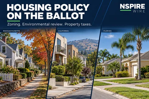 Three realistic neighborhood scenes representing Massachusetts, California and Florida beneath the headline "Housing Policy on the Ballot."