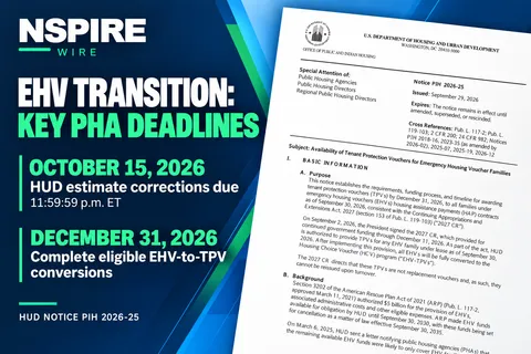 NSPIRE Wire graphic featuring HUD Notice PIH 2026-25 and the October 15 and December 31 EHV transition deadlines.