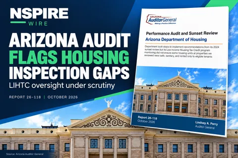 NSPIRE Wire graphic featuring Arizona’s housing audit report and State Capitol beside the headline “Arizona Audit Flags Housing Inspection Gaps.”