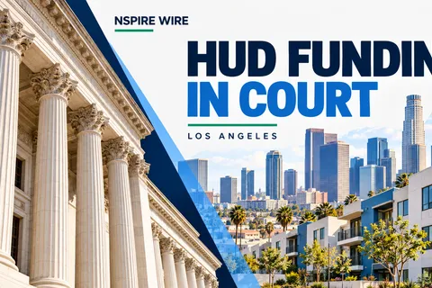 Editorial collage of courthouse columns, the Los Angeles skyline and apartments with the words HUD Funding in Court.