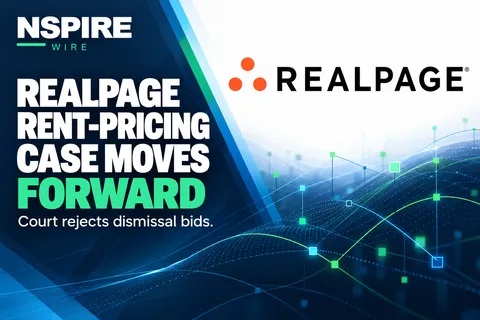 RealPage logo beside the headline “RealPage rent-pricing case moves forward.”